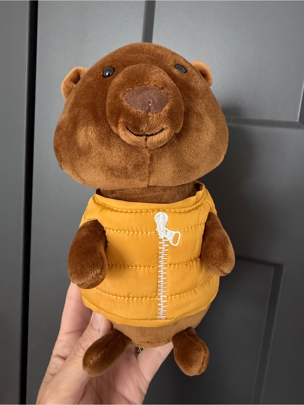Rare/ hard to find Jellycat Brown Plush Beaver with Removable Yellow Puffer Vest